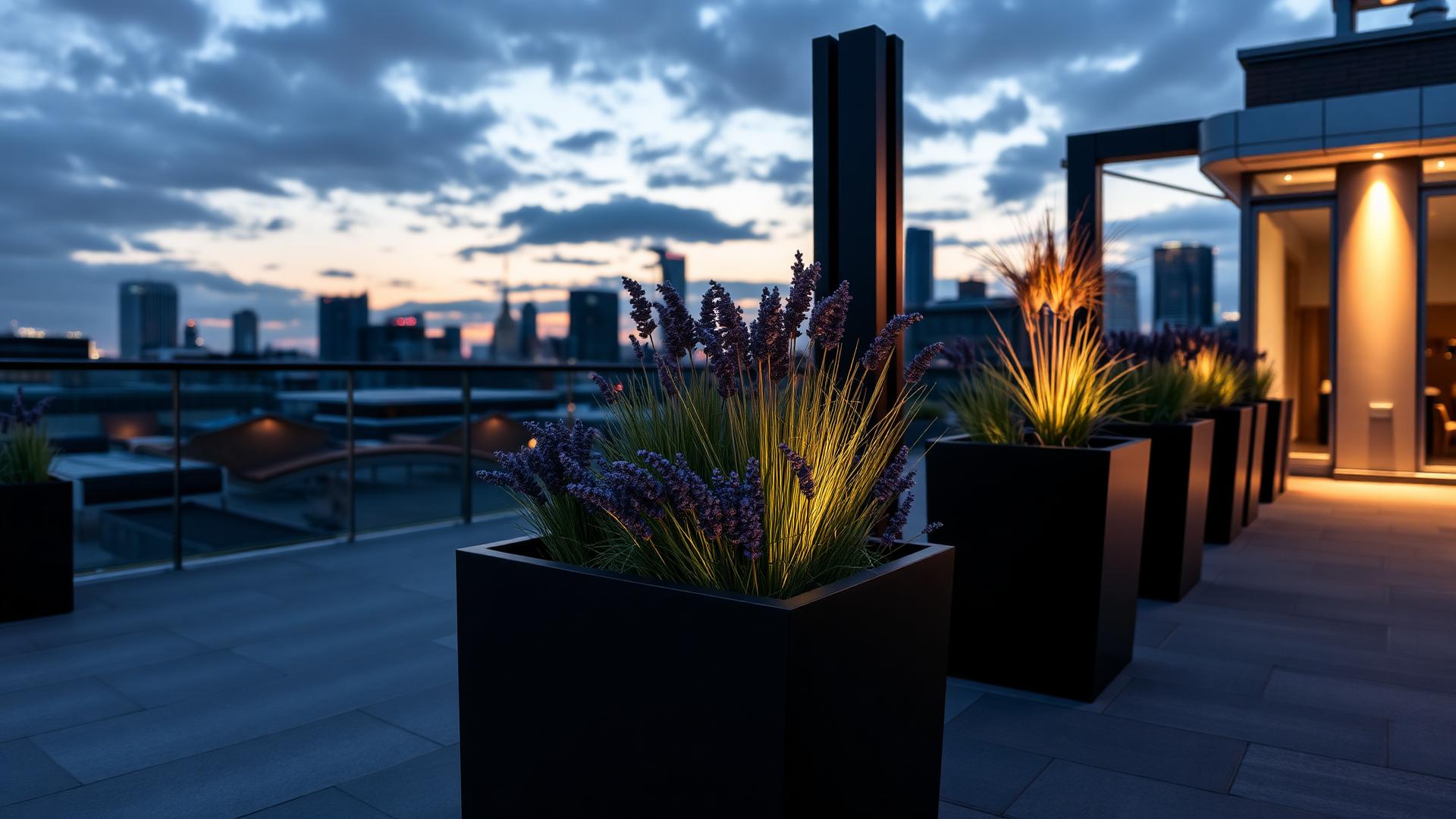 Bespoke matte black metal planters lining a London rooftop terrace at dusk