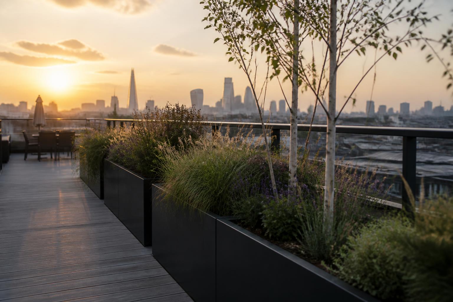 Standing on a London rooftop terrace at sunset with bespoke matte black metal planters and a view of the city skyline
